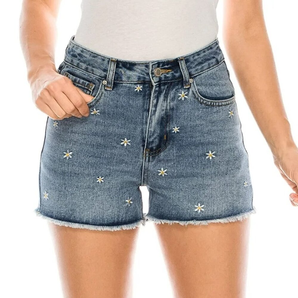 Size 11 KHAKI & BLUE Women's Denim Jean Shorts High Rise Daisy Embroidery
